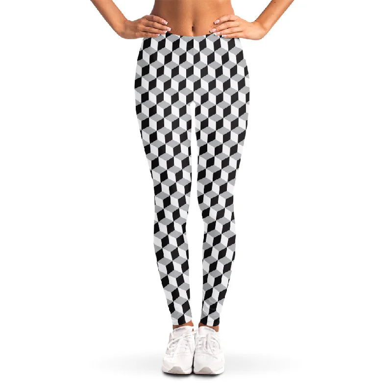 Grey Geometric Cube Shape Pattern Print Women's Leggings Fashionable Ribbed Knit Leggings