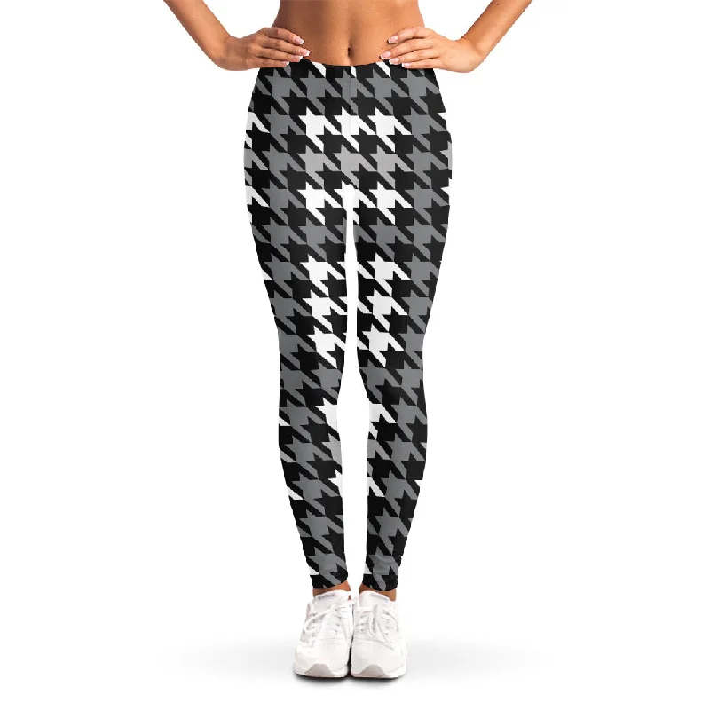 Grey Houndstooth Pattern Print Women's Leggings Fashionable Embroidered Detail Leggings