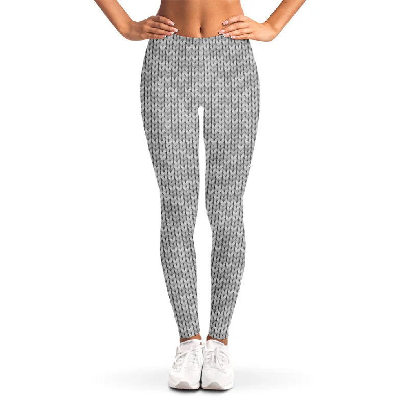 Grey Knitted Pattern Print Women's Leggings Trendy Sporty Compression Leggings
