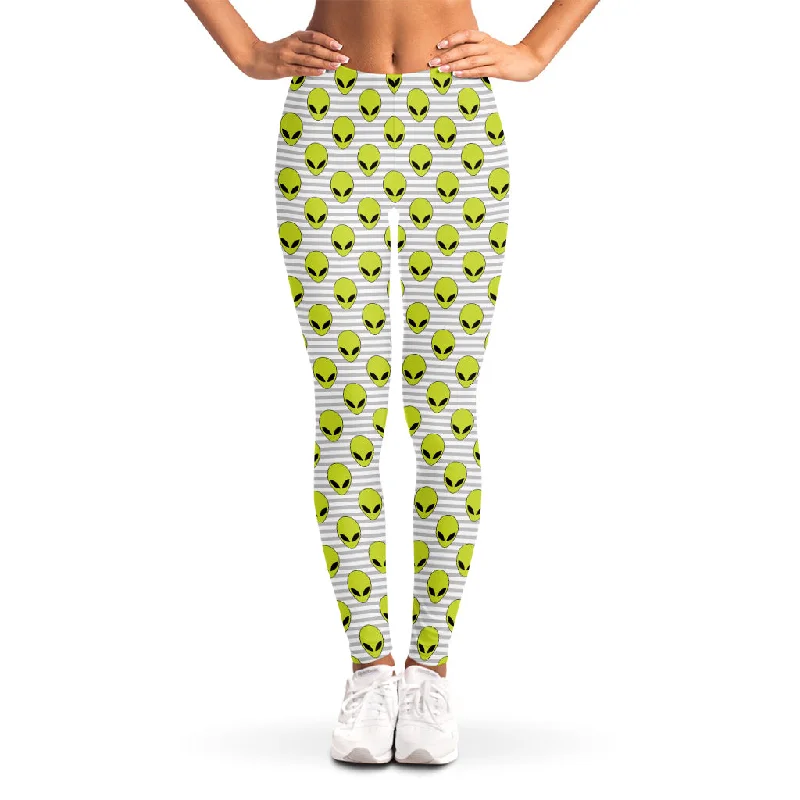 Grey Striped Alien Pattern Print Women's Leggings Stylish Athletic Wear Leggings