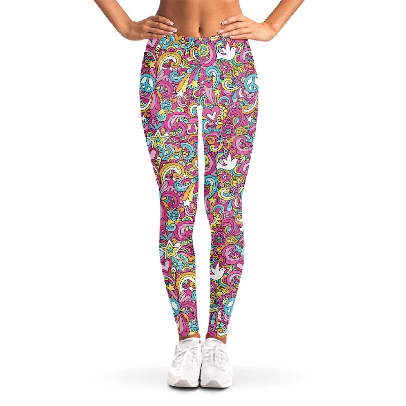 Groovy Girly Peace Pattern Print Women's Leggings Trendy Black Mesh Leggings