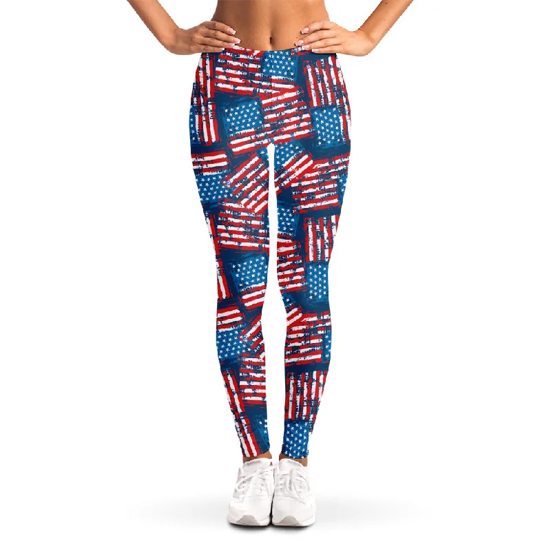 Grunge American Flag Pattern Print Women's Leggings Trendy Adjustable Waist Leggings