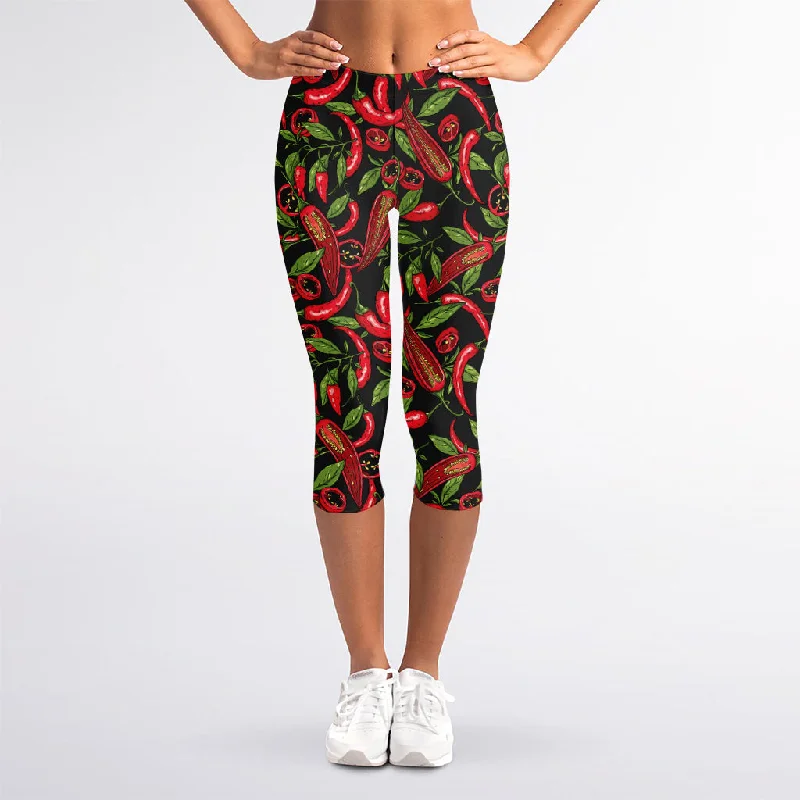 Hot Chili Peppers Pattern Print Women's Capri Leggings Elegant Stretchy Faux Leather Leggings