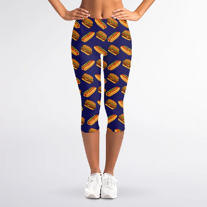 Hot Dog And Hamburger Pattern Print Women's Capri Leggings Fashionable High-Rise Leggings