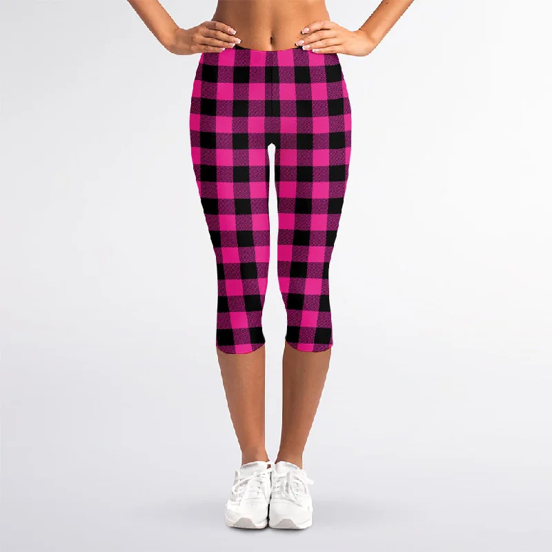 Hot Pink And Black Buffalo Check Print Women's Capri Leggings Stylish Faux Leather Leggings