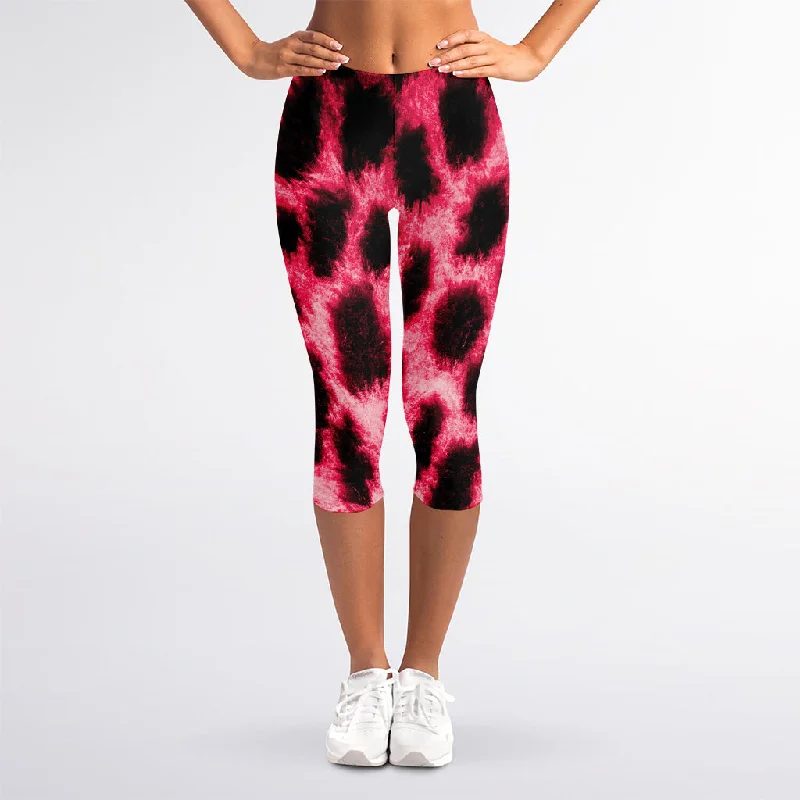 Hot Pink And Black Cheetah Print Women's Capri Leggings Trendy Side-Pocket Leggings