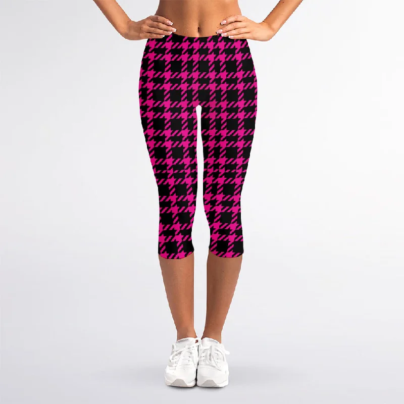 Hot Pink And Black Houndstooth Print Women's Capri Leggings Chic Floral Print Leggings