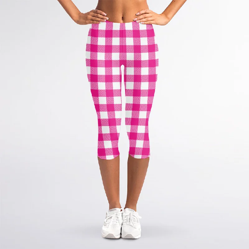 Hot Pink And White Buffalo Check Print Women's Capri Leggings Cozy Sweat-Wicking Leggings