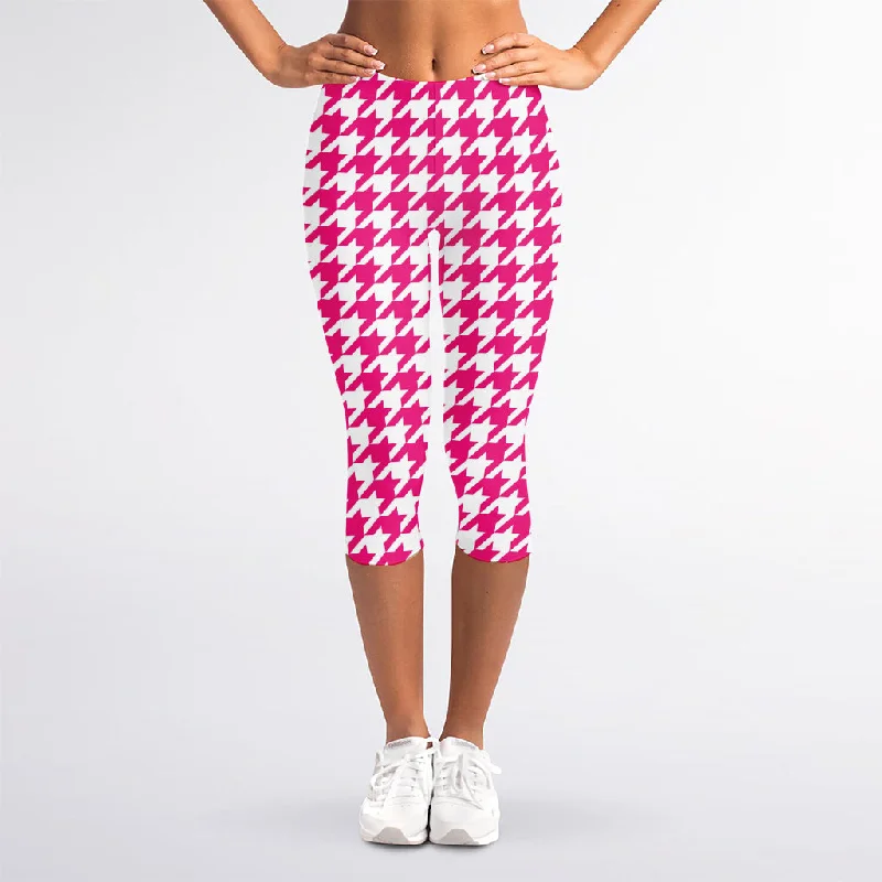 Hot Pink And White Houndstooth Print Women's Capri Leggings Fashionable Seamless Leggings