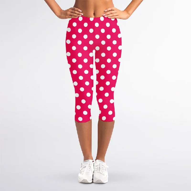 Hot Pink And White Polka Dot Print Women's Capri Leggings Trendy Sports Performance Leggings