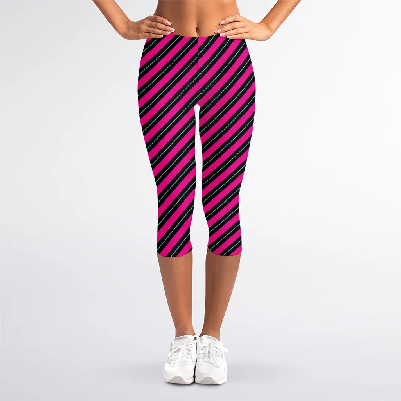 Hot Pink Black And Blue Stripes Print Women's Capri Leggings Comfortable Workout Fitness Leggings