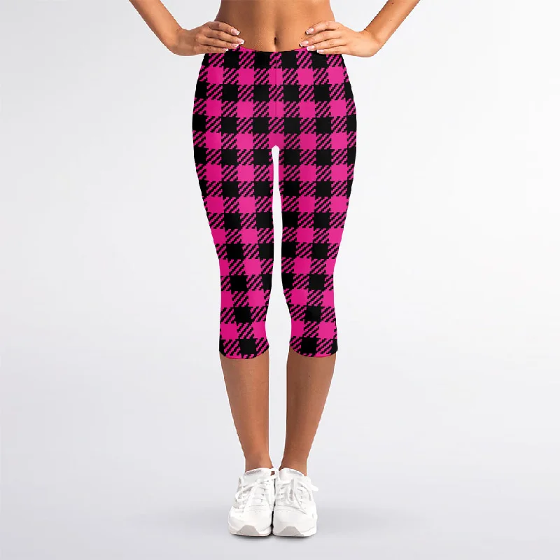 Hot Pink Buffalo Plaid Print Women's Capri Leggings Fashionable Tummy Control Leggings