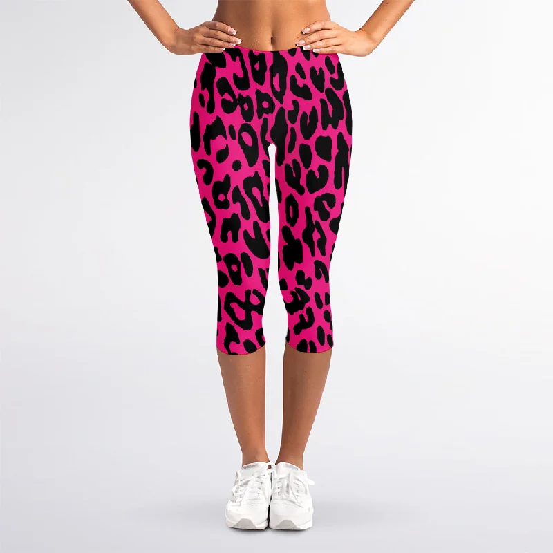 Hot Pink Leopard Print Women's Capri Leggings Casual Slim-Fit Leggings