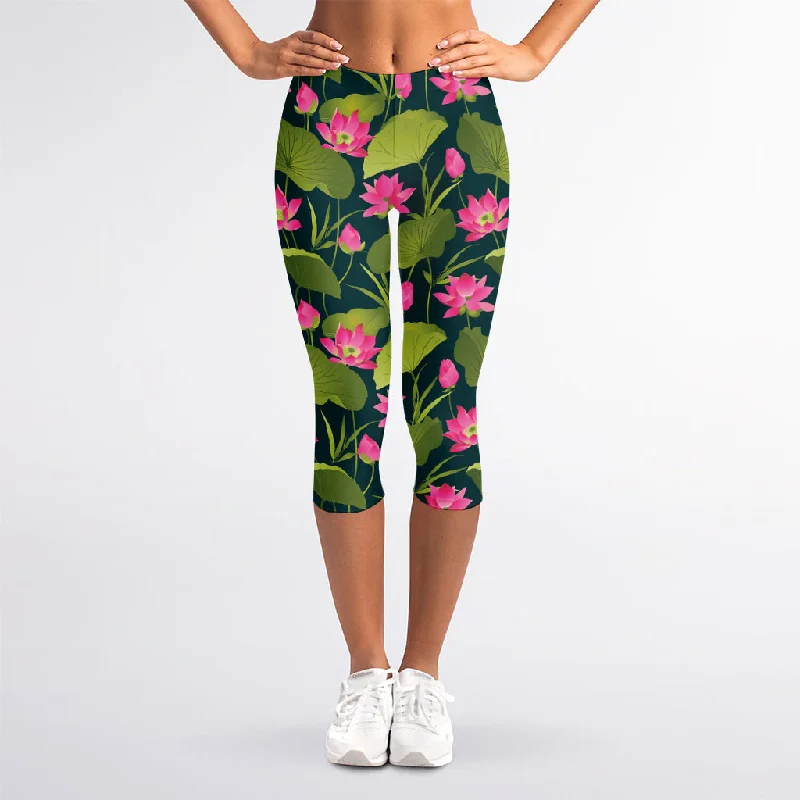 Hot Pink Lotus Pattern Print Women's Capri Leggings Chic Workout Leggings