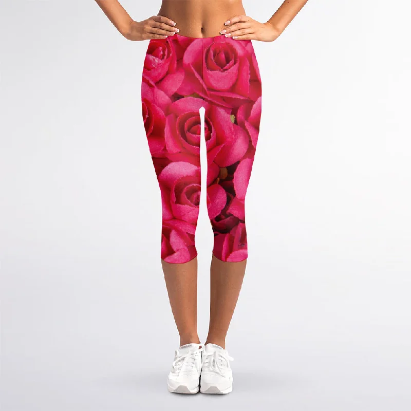 Hot Pink Rose Print Women's Capri Leggings Elegant Velvet Leggings