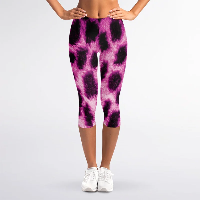 Hot Purple And Black Cheetah Print Women's Capri Leggings Fashionable Lacy Detail Leggings