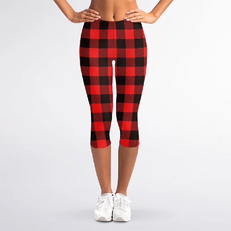 Hot Red Buffalo Plaid Print Women's Capri Leggings Classic Solid Color Leggings