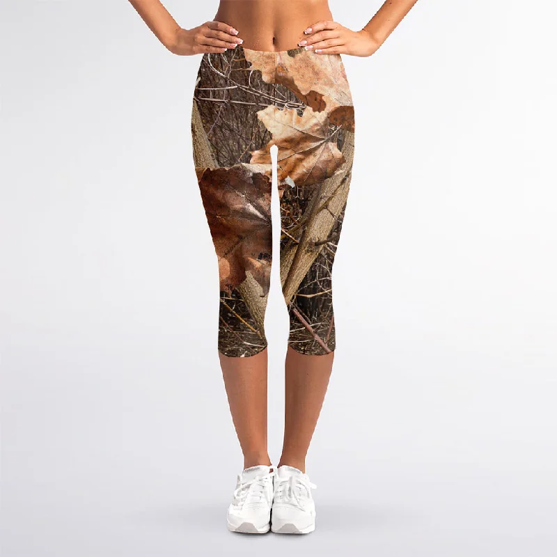 Hunting Camo Pattern Print Women's Capri Leggings Elegant Black Leggings