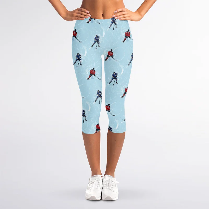 Ice Hockey Players Pattern Print Women's Capri Leggings Trendy Cut-Out Activewear Leggings