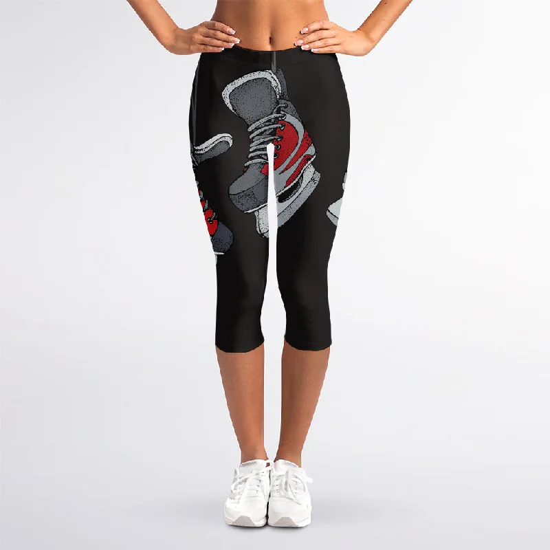 Ice Hockey Skates Print Women's Capri Leggings Fashionable Minimal Active Leggings