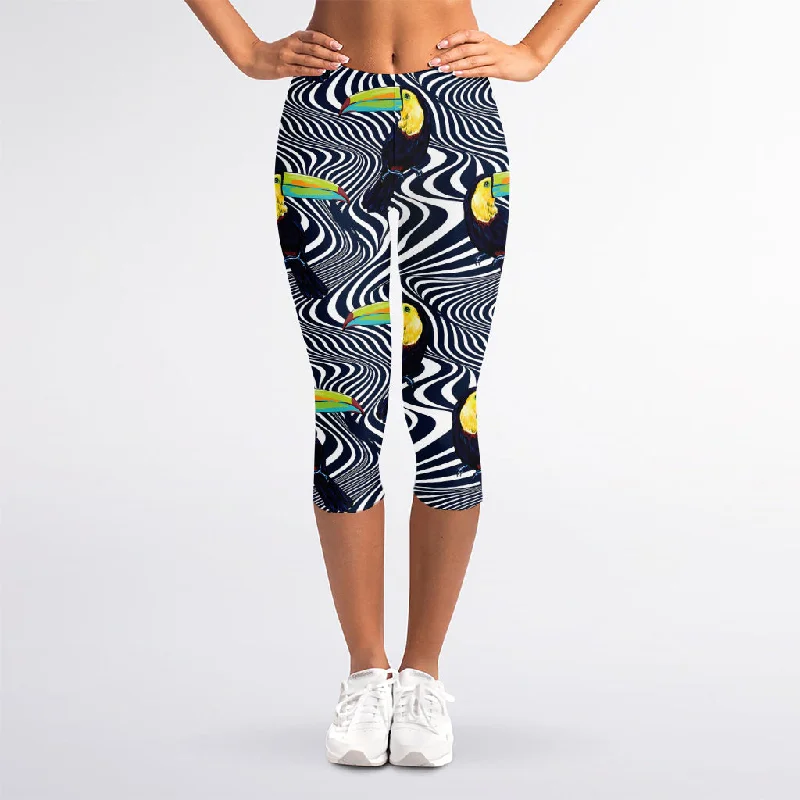 Illusion Toucan Print Women's Capri Leggings Trendy Colorblock Print Leggings