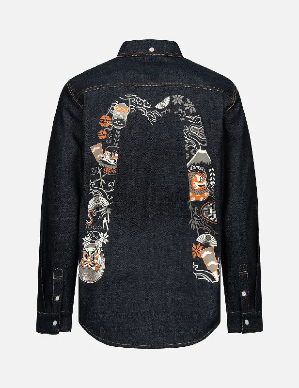 Kumadori Daruma Daicock Print Regular Fit Denim Shirt Front Pockets Side Pockets Patch Pockets