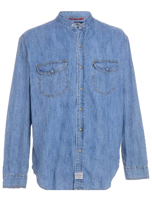 Label Charles Grandad Collar Denim Shirt Front Pockets Side Pockets Patch Pockets