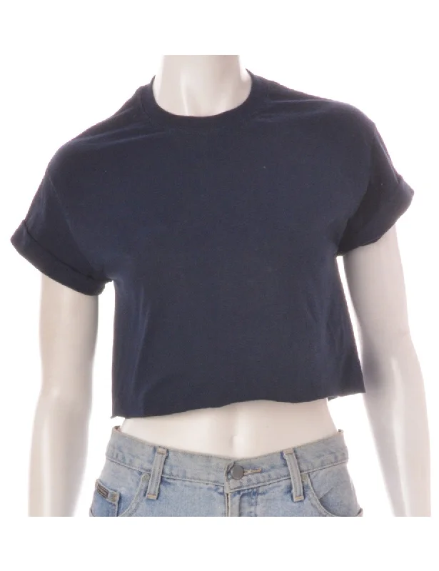 Label Cropped Bell Roll Sleeve Navy T-Shirt Ribbed T-Shirt High Neck Heavyweight