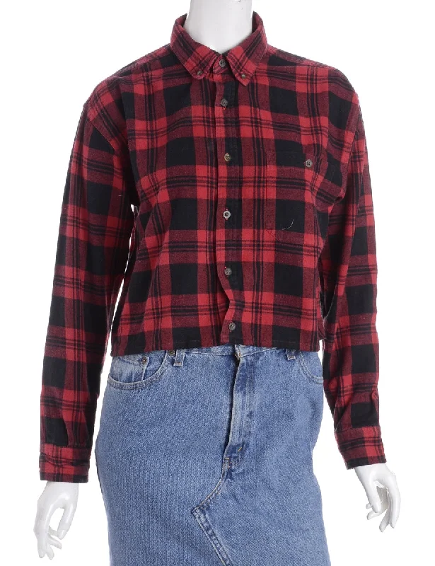 Label Cropped Long Sleeve Flannel Shirt Houndstooth Herringbone Solid