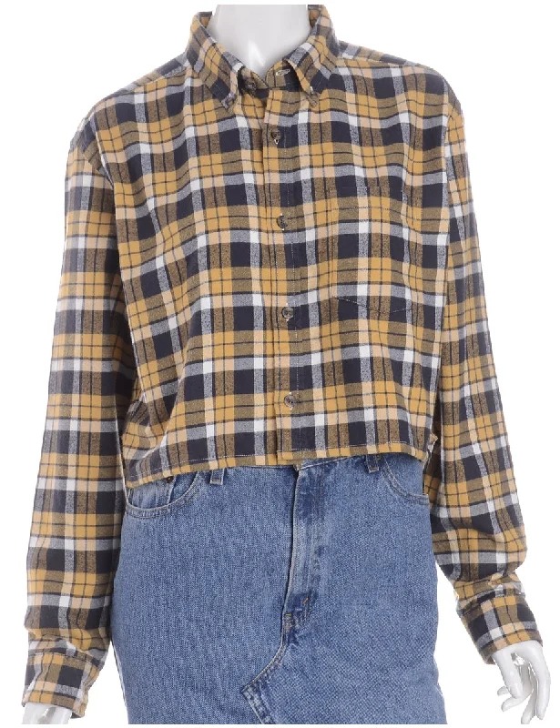 Label Cropped Long Sleeve Flannel Shirt Polka Dot Checkered Tartan