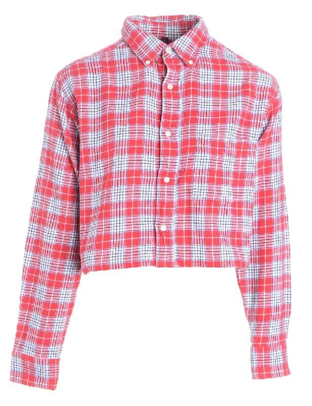 Label Cropped Long Sleeve Flannel Shirt Front Pockets Side Pockets Patch Pockets