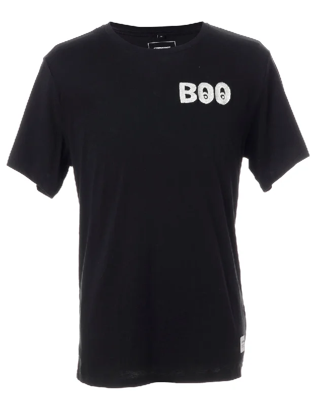 Label Embroidered Boo T-Shirt Notch Collar Peter Pan Collar Cowl Neck