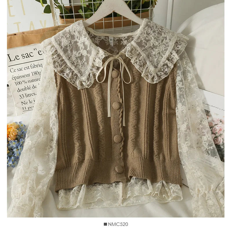 Lace bottomed shirt with vertical stripe knit vest  1714 Handmade Hand-knitted Hand-woven