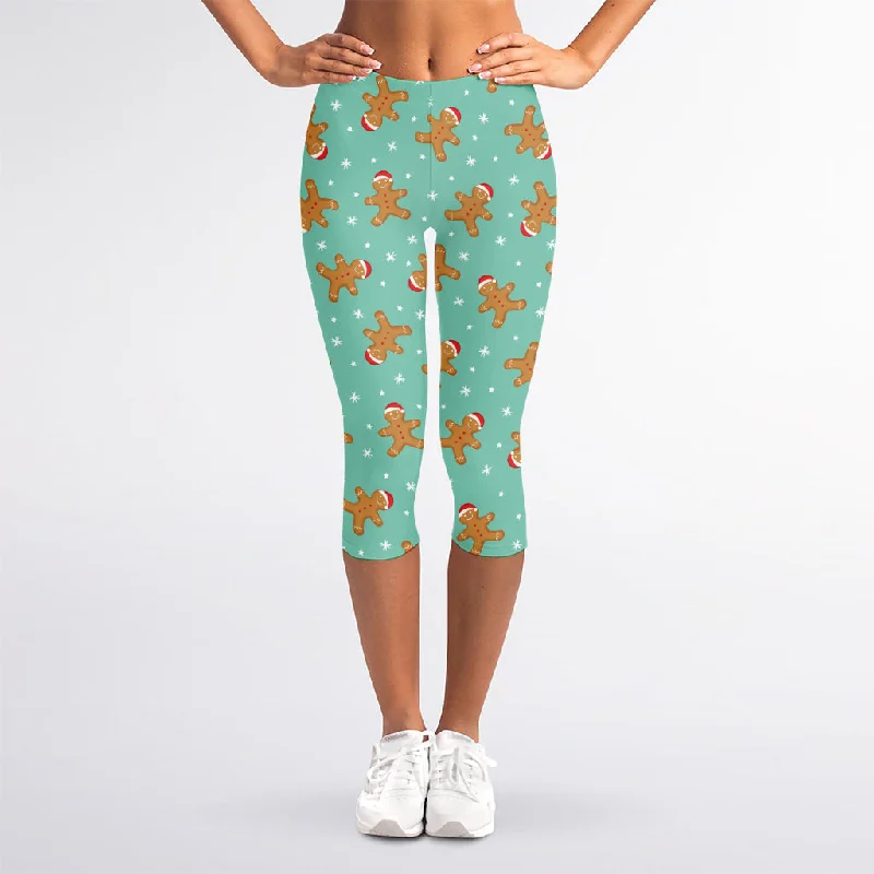 Little Gingerbread Man Pattern Print Women's Capri Leggings Trendy Sweat-Wicking Workout Leggings