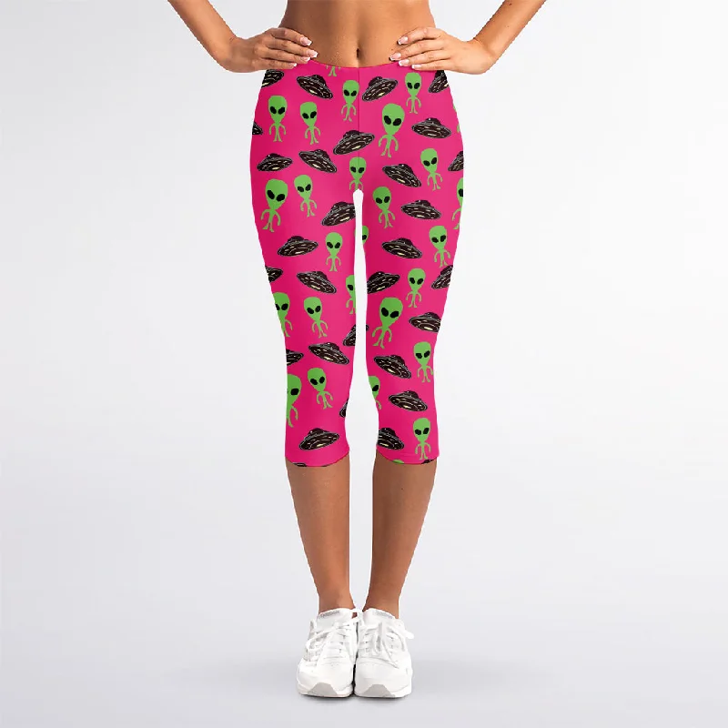 Little Green Alien UFO Print Women's Capri Leggings Trendy High-Compression Leggings