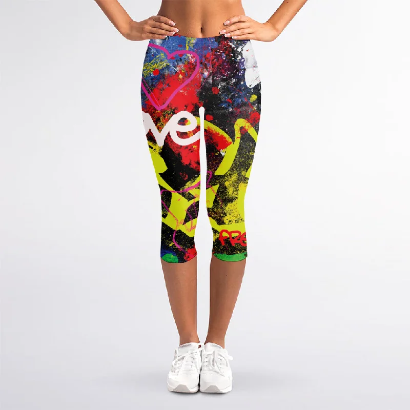 Love NYC Graffiti Print Women's Capri Leggings Trendy Black Mesh Leggings