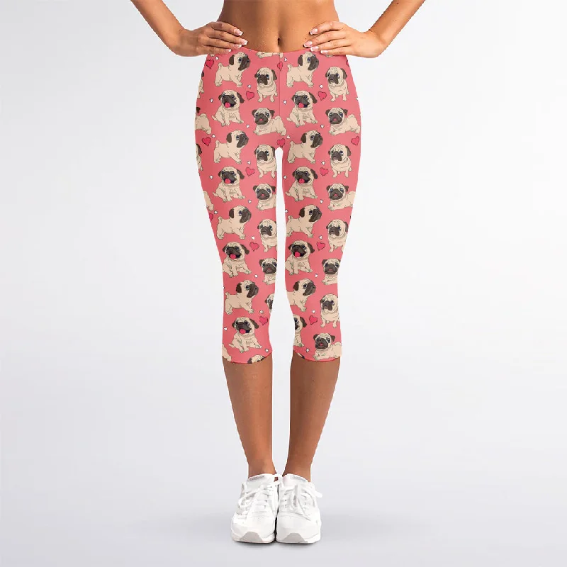 Love Pug Pattern Print Women's Capri Leggings Trendy Adjustable Waist Leggings