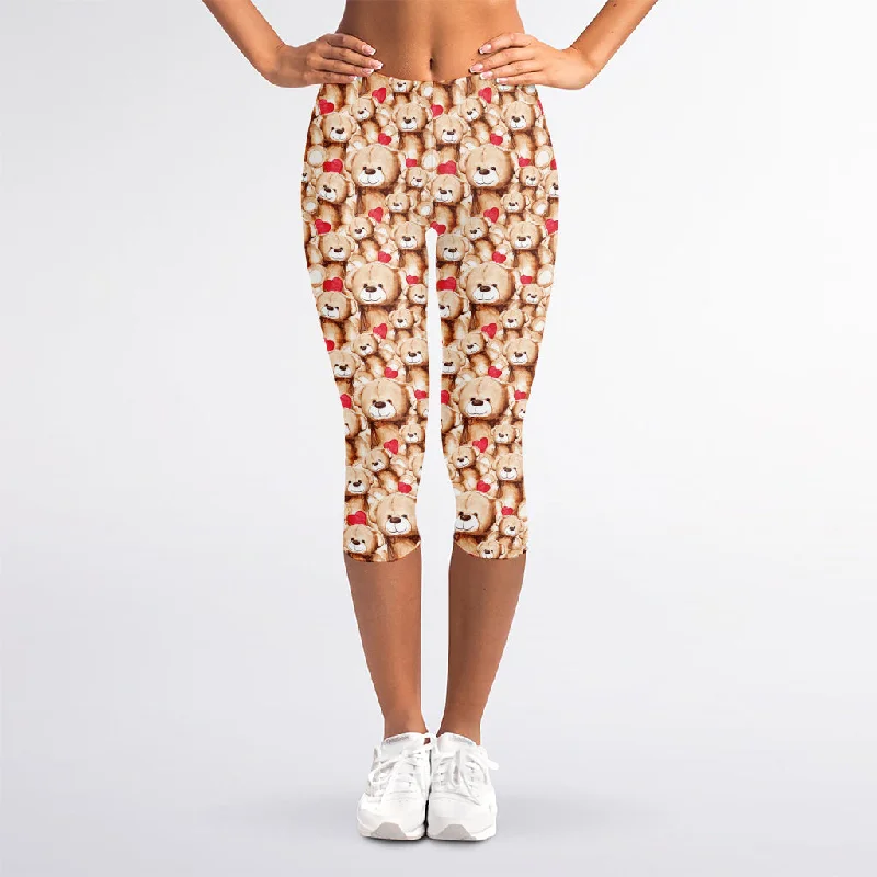 Lovely Teddy Bear Pattern Print Women's Capri Leggings Stylish Sweatproof Leggings