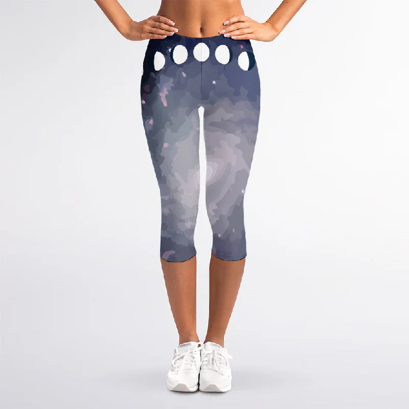 Lunar Phase Cycle Print Women's Capri Leggings Trendy High-Waist Tummy Control Leggings