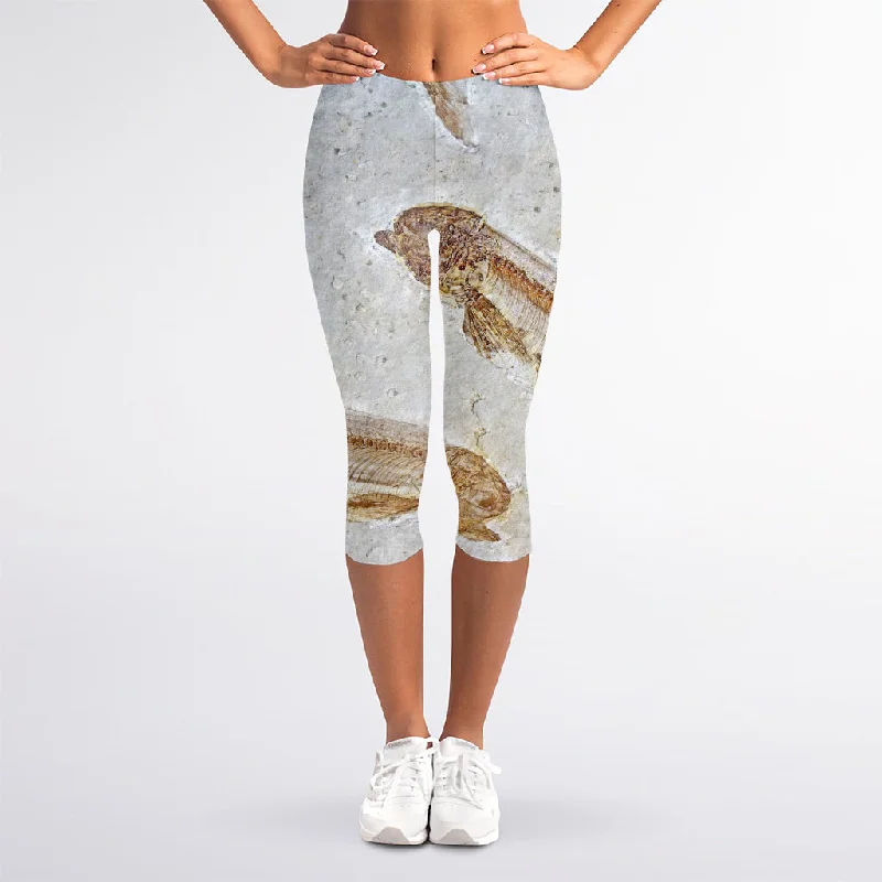 Lycoptera Fish Fossil Print Women's Capri Leggings Stylish Stretch Pants Leggings