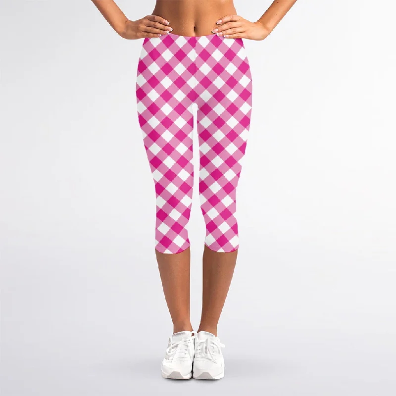 Magenta Pink And White Gingham Print Women's Capri Leggings Elegant Embellished Leggings