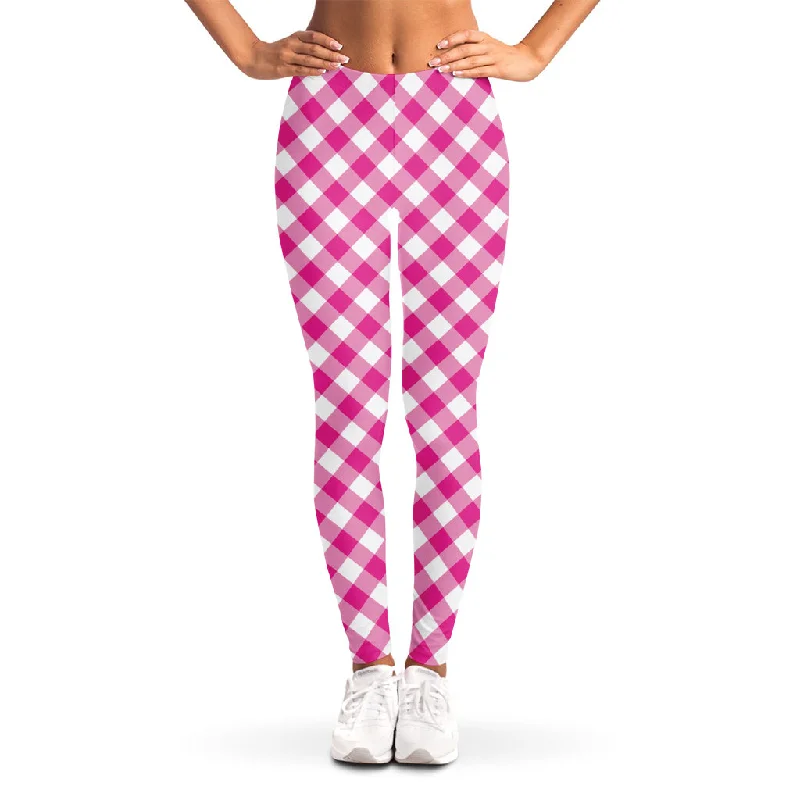 Magenta Pink And White Gingham Print Women's Leggings Stylish Camo Print Leggings