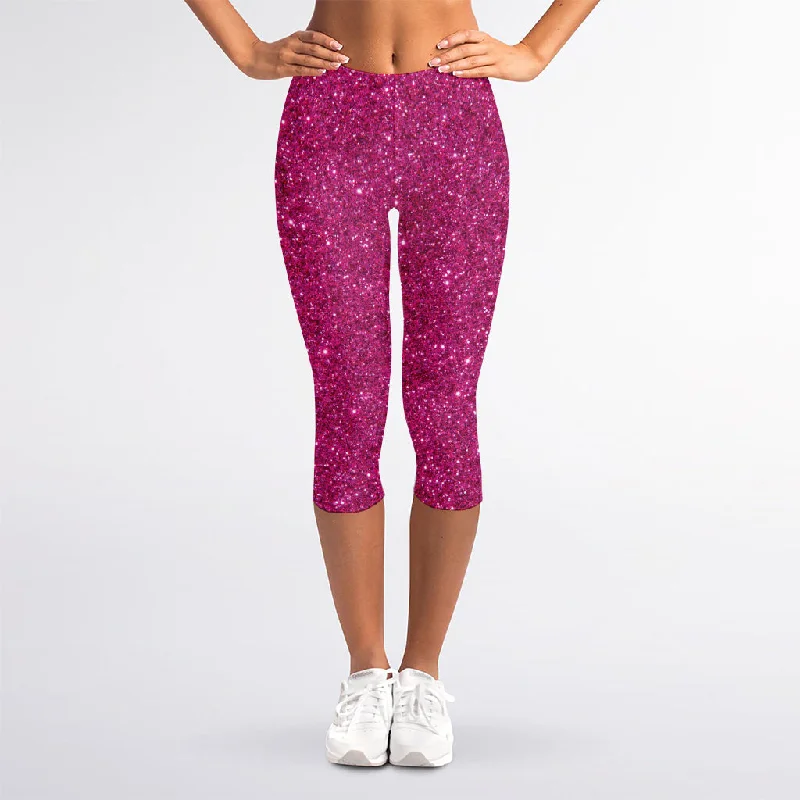 Magenta Pink (NOT Real) Glitter Print Women's Capri Leggings Elegant Shiny Black Leggings