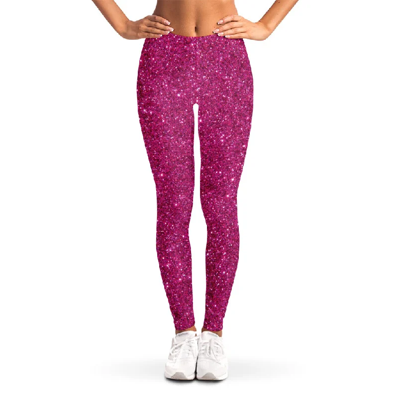 Magenta Pink (NOT Real) Glitter Print Women's Leggings Fashionable Sports Leggings