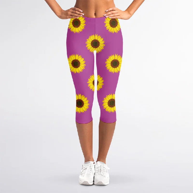 Magenta Pink Sunflower Pattern Print Women's Capri Leggings Trendy Spandex Leggings