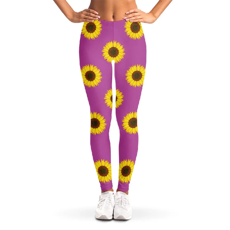 Magenta Pink Sunflower Pattern Print Women's Leggings Trendy Ombre Effect Leggings