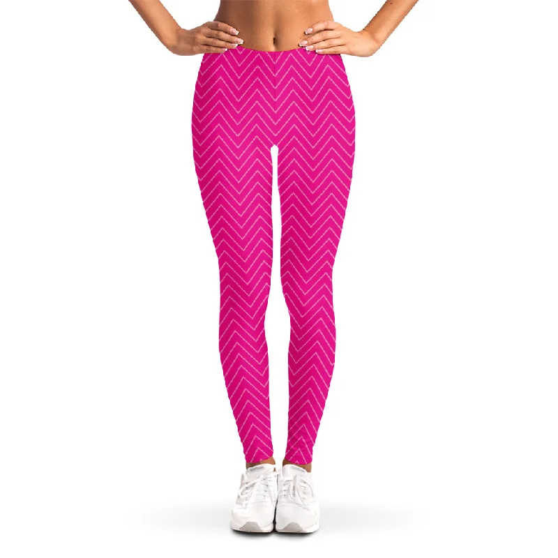 Magenta Pink Zigzag Pattern Print Women's Leggings Casual Black Leggings