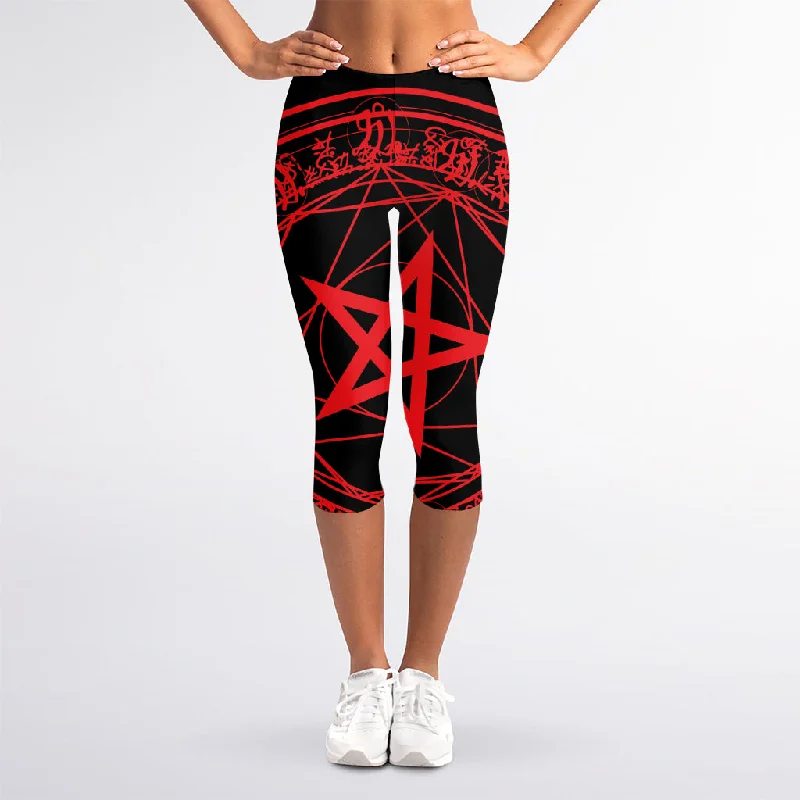 Magic Pentagram Symbol Print Women's Capri Leggings Trendy Foil Finish Leggings