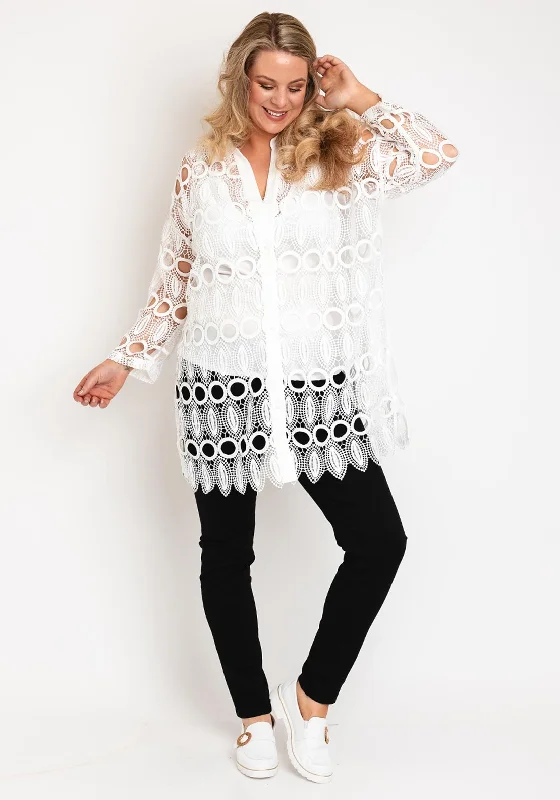 Natalia Collection One Size Crochet Shirt, White V-Neck T-Shirt Long Sleeve Cotton