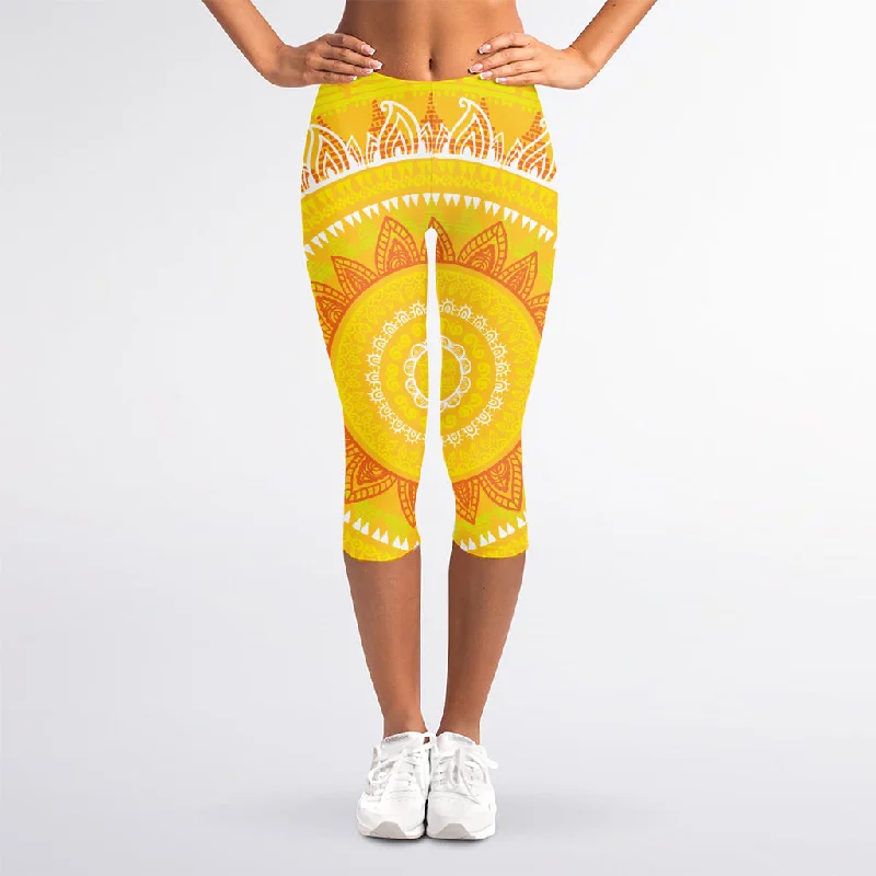 Mandala Sun Print Women's Capri Leggings Comfortable Yoga Tights Leggings